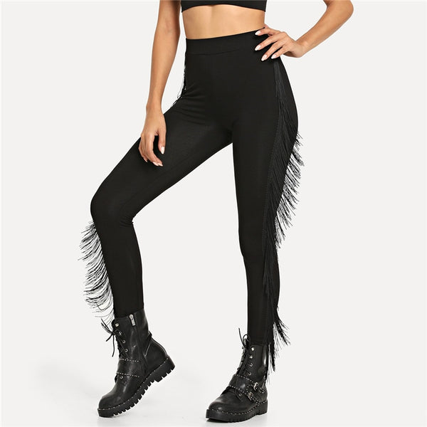Black Tassel Fringe Embellished Solid Legging
