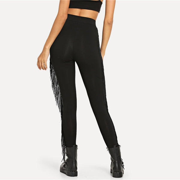 Black Tassel Fringe Embellished Solid Legging
