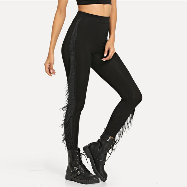 Black Tassel Fringe Embellished Solid Legging