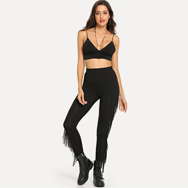 Black Tassel Fringe Embellished Solid Legging