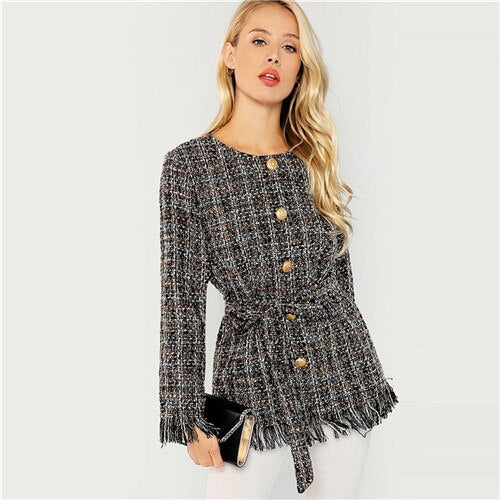 Black Highstreet Single Breasted Hem Button Belted Tweed Blazer