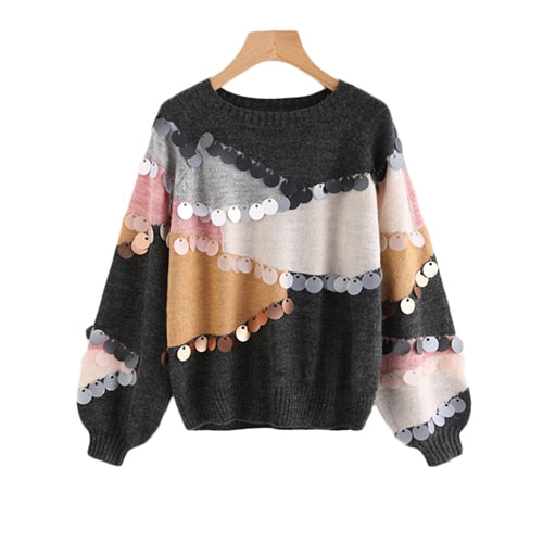 Sequin Decoration Contrast Round Neck Casual Sweater
