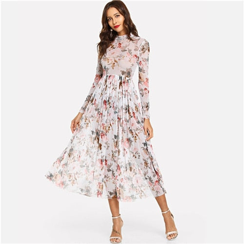 Multicolor Mock Neck Semi Sheer Pleated Floral A Line Dress