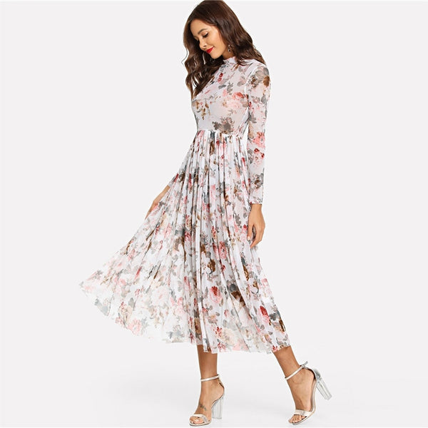 Multicolor Mock Neck Semi Sheer Pleated Floral A Line Dress