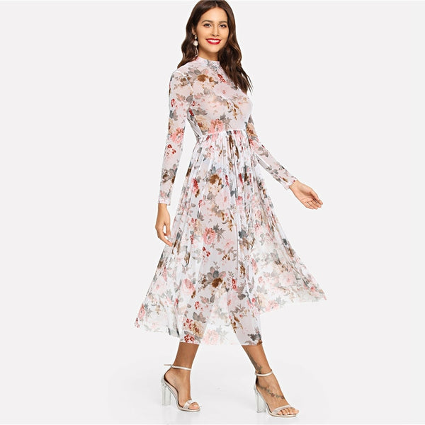 Multicolor Mock Neck Semi Sheer Pleated Floral A Line Dress