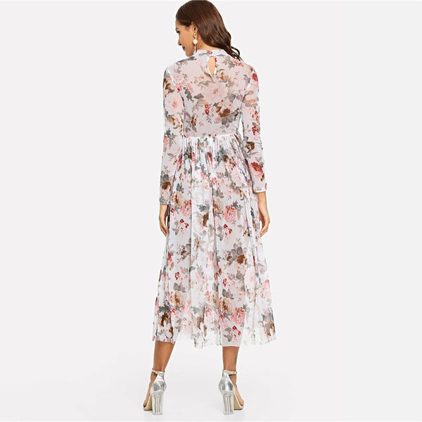 Multicolor Mock Neck Semi Sheer Pleated Floral A Line Dress
