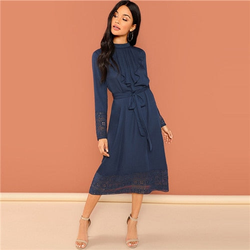Navy Pleated Ruffle Lace Trim Long Sleeve Dress