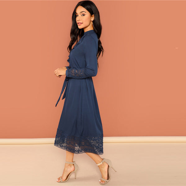 Navy Pleated Ruffle Lace Trim Long Sleeve Dress