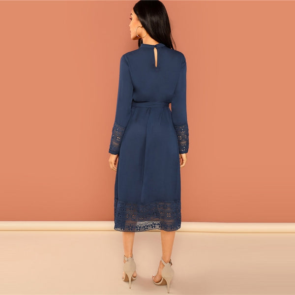 Navy Pleated Ruffle Lace Trim Long Sleeve Dress
