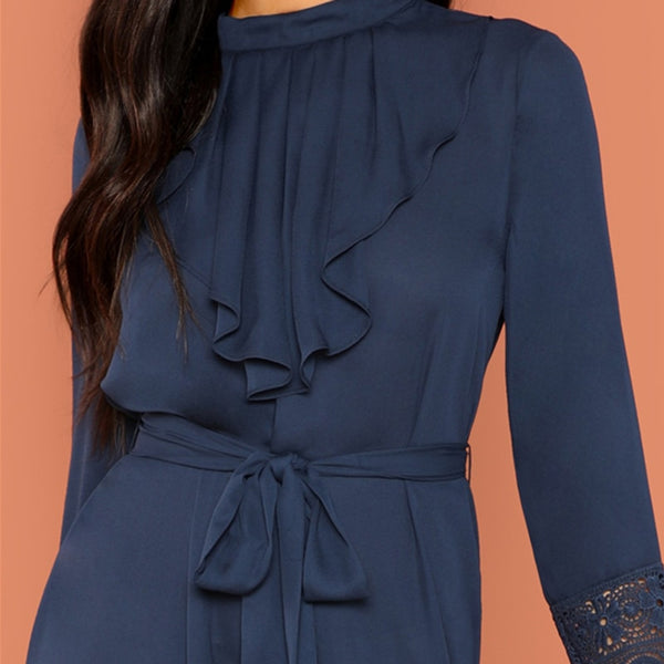 Navy Pleated Ruffle Lace Trim Long Sleeve Dress