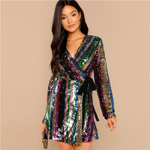Multicolor Block Sequin Wrap Waist Long Sleeve Party Dress