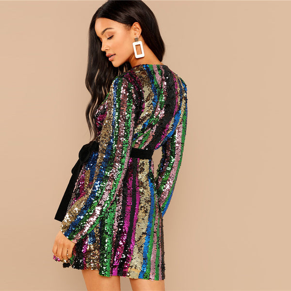 Multicolor Block Sequin Wrap Waist Long Sleeve Party Dress