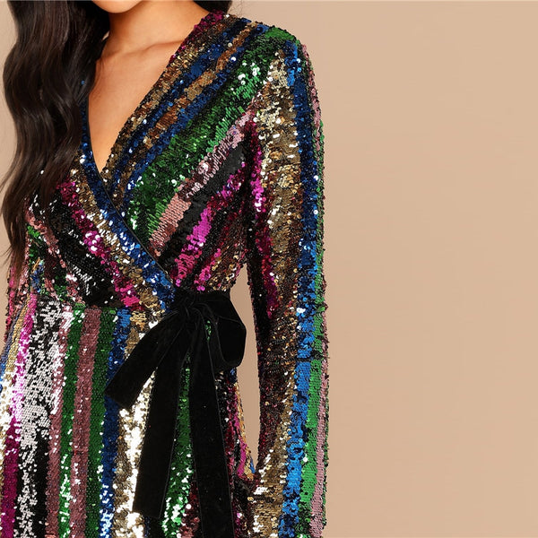 Multicolor Block Sequin Wrap Waist Long Sleeve Party Dress