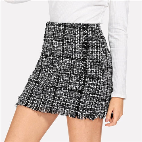Multicolor Frayed Edge Trim Plaid Tweed Skirt