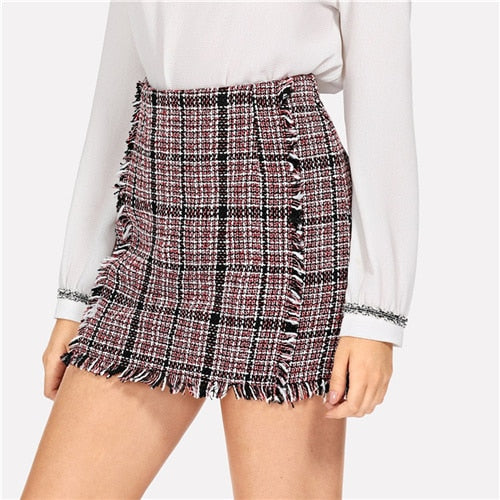 Multicolor Frayed Edge Trim Plaid Tweed Skirt