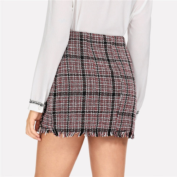Multicolor Frayed Edge Trim Plaid Tweed Skirt