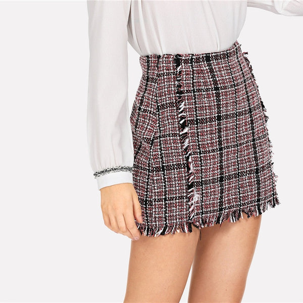 Multicolor Frayed Edge Trim Plaid Tweed Skirt