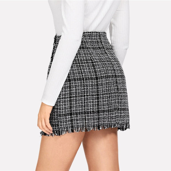 Multicolor Frayed Edge Trim Plaid Tweed Skirt