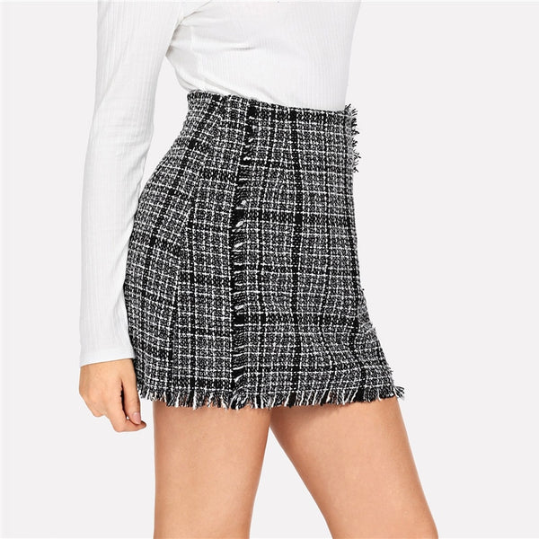 Multicolor Frayed Edge Trim Plaid Tweed Skirt