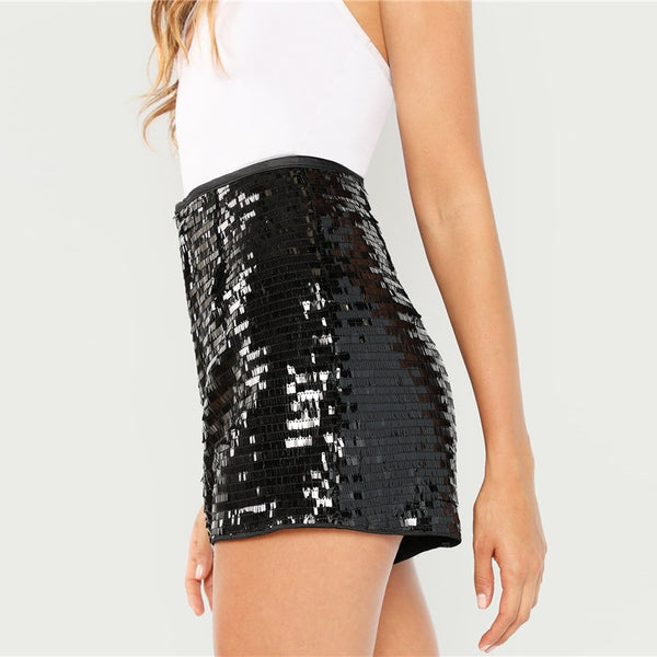 Black Sequin Zipper Fly Solid Short