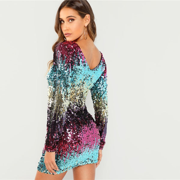 Multicolor Sequins Iridescent Round Neck Party Dress