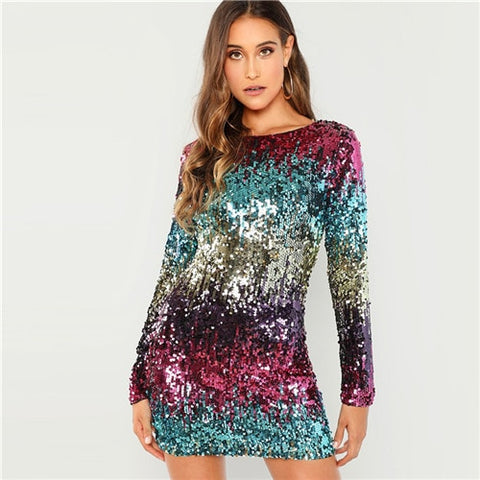 Multicolor Sequins Iridescent Round Neck Party Dress