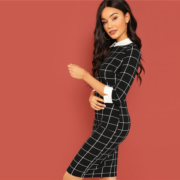 Black Plaid Contrast Collar And Cuff Grid 3/4 Sleeve Pencil Dress