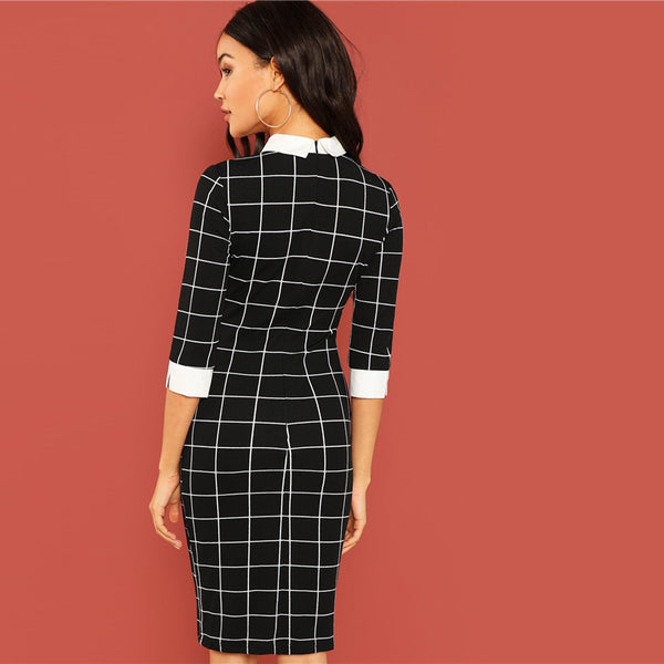 Black Plaid Contrast Collar And Cuff Grid 3/4 Sleeve Pencil Dress