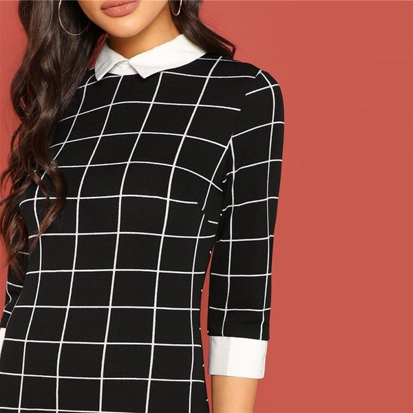 Black Plaid Contrast Collar And Cuff Grid 3/4 Sleeve Pencil Dress