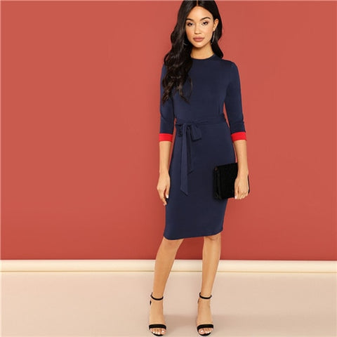 Navy Colorblock Belted 3/4 Sleeve Pencil Dress