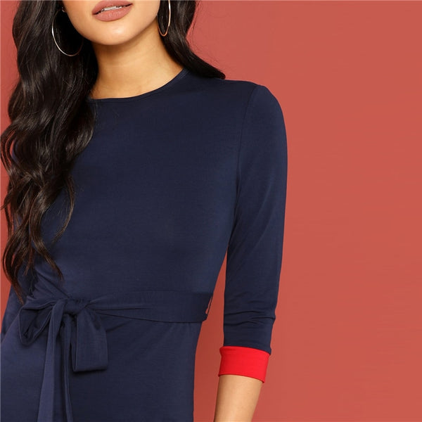 Navy Colorblock Belted 3/4 Sleeve Pencil Dress