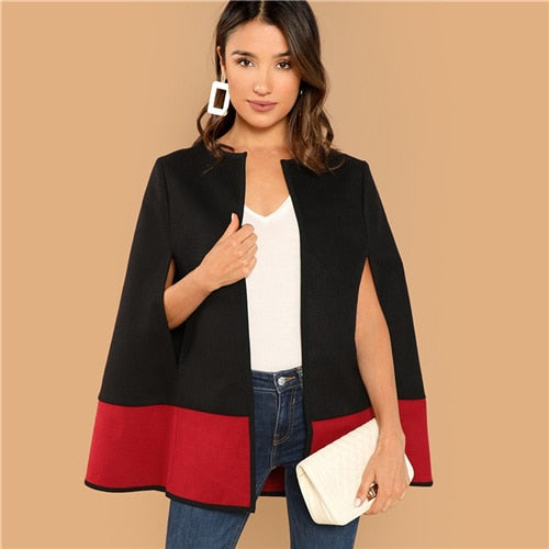 Black Round Neck Two Tone Open Front Cloak Sleeve Blazer