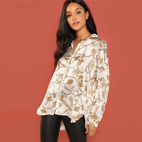 White Chain Print Button Stand Collar Long Sleeve Satin Blouse