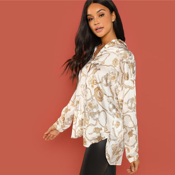 White Chain Print Button Stand Collar Long Sleeve Satin Blouse