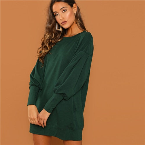 Preppy Drop Shoulder Solid Sweatshirt Round Neck Dress