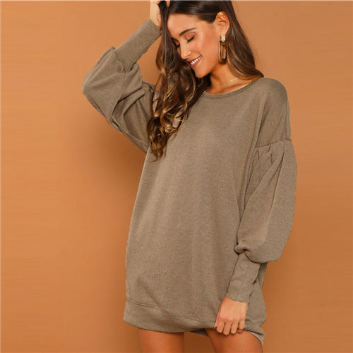 Preppy Drop Shoulder Solid Sweatshirt Round Neck Dress