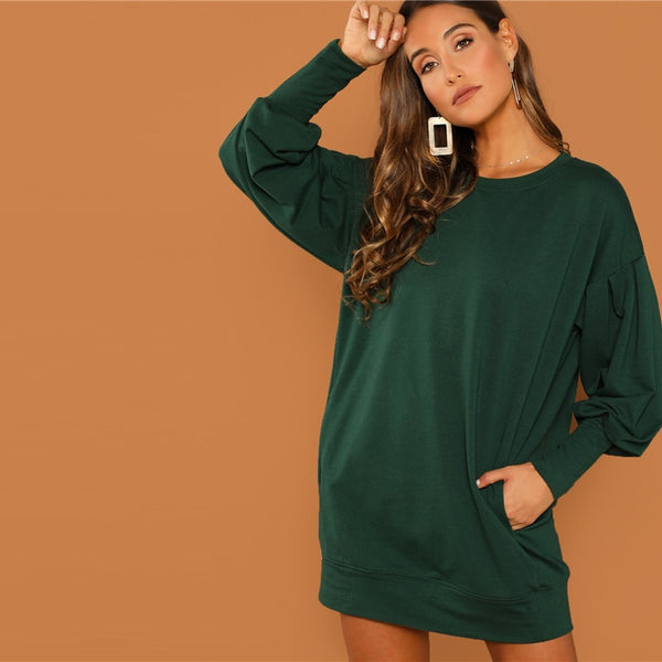 Preppy Drop Shoulder Solid Sweatshirt Round Neck Dress