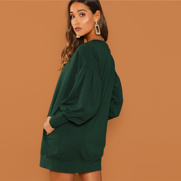 Preppy Drop Shoulder Solid Sweatshirt Round Neck Dress
