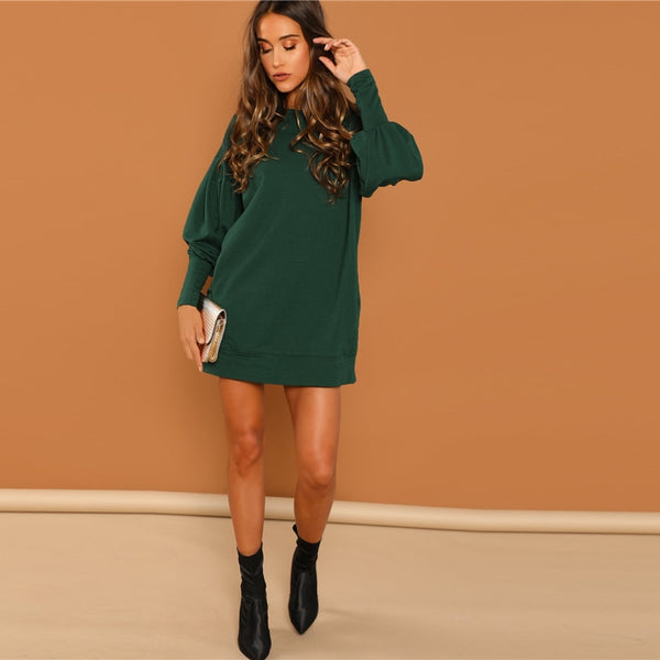 Preppy Drop Shoulder Solid Sweatshirt Round Neck Dress