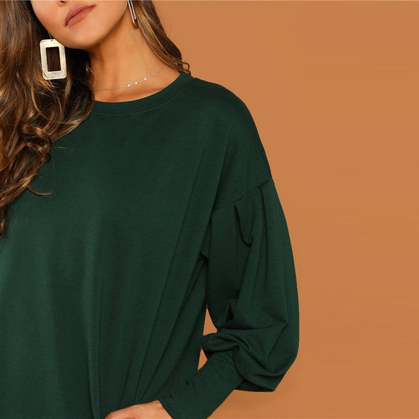 Preppy Drop Shoulder Solid Sweatshirt Round Neck Dress