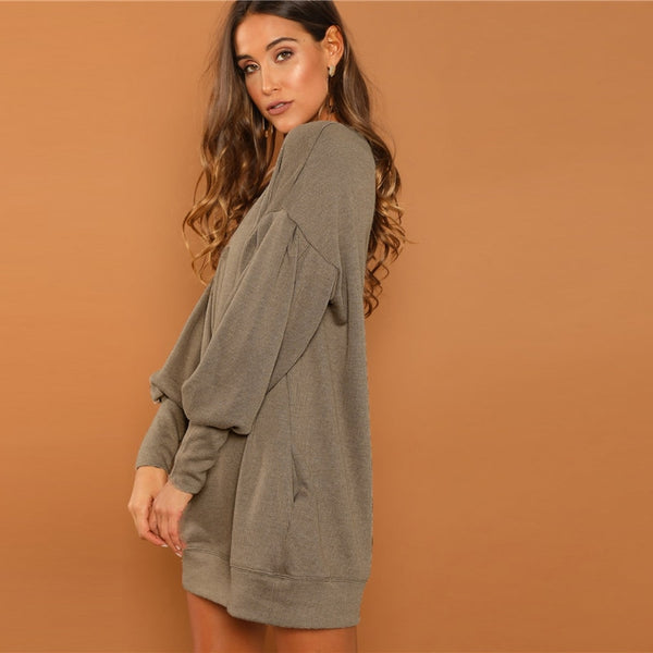 Preppy Drop Shoulder Solid Sweatshirt Round Neck Dress
