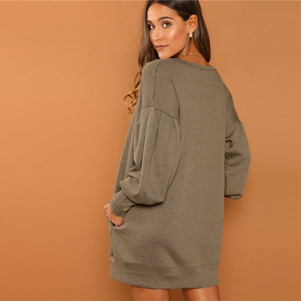 Preppy Drop Shoulder Solid Sweatshirt Round Neck Dress