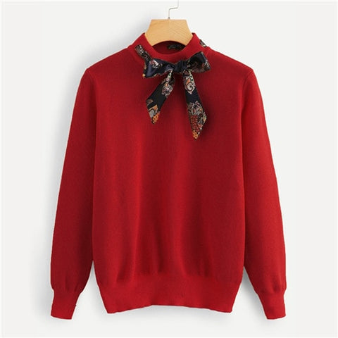 Red Tie Neck Knitted Clothing Sweater