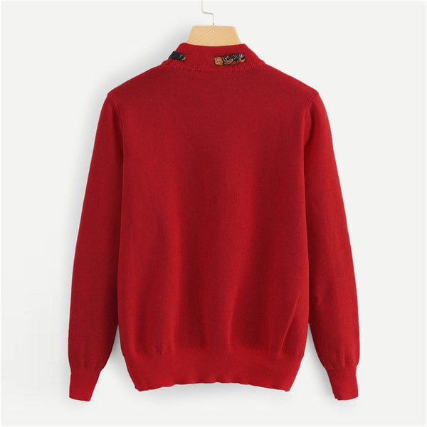 Red Tie Neck Knitted Clothing Sweater