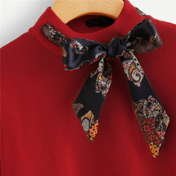 Red Tie Neck Knitted Clothing Sweater