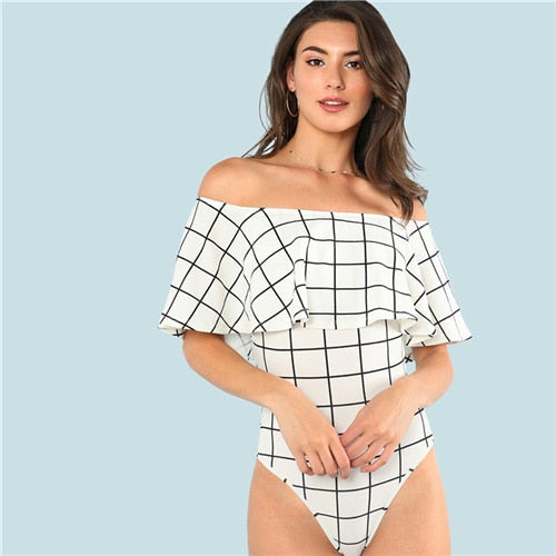 White Ruffle Layered Neck Plaid Off the Shoulder Bodysuit