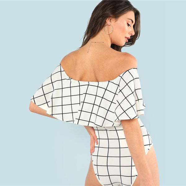 White Ruffle Layered Neck Plaid Off the Shoulder Bodysuit