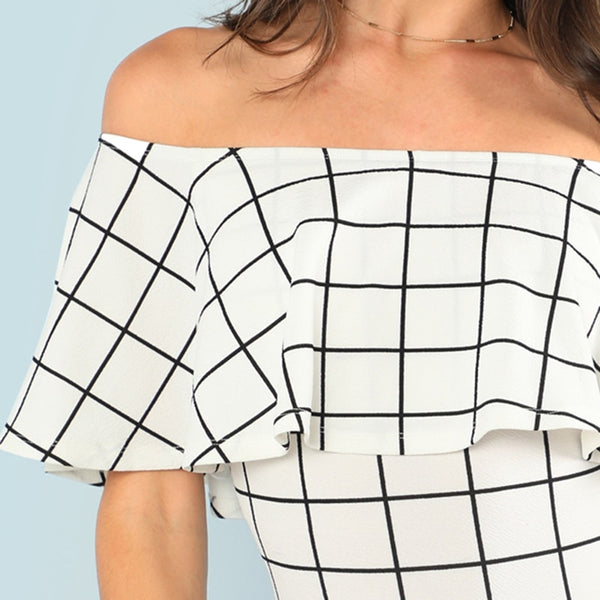 White Ruffle Layered Neck Plaid Off the Shoulder Bodysuit