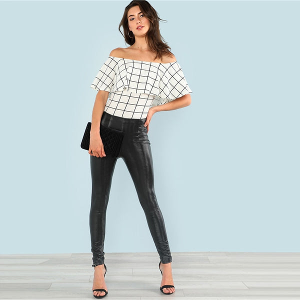 White Ruffle Layered Neck Plaid Off the Shoulder Bodysuit