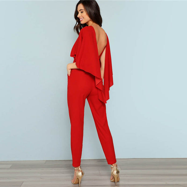 Red Backless Open Shoulder Solid Cape Jumpsuit